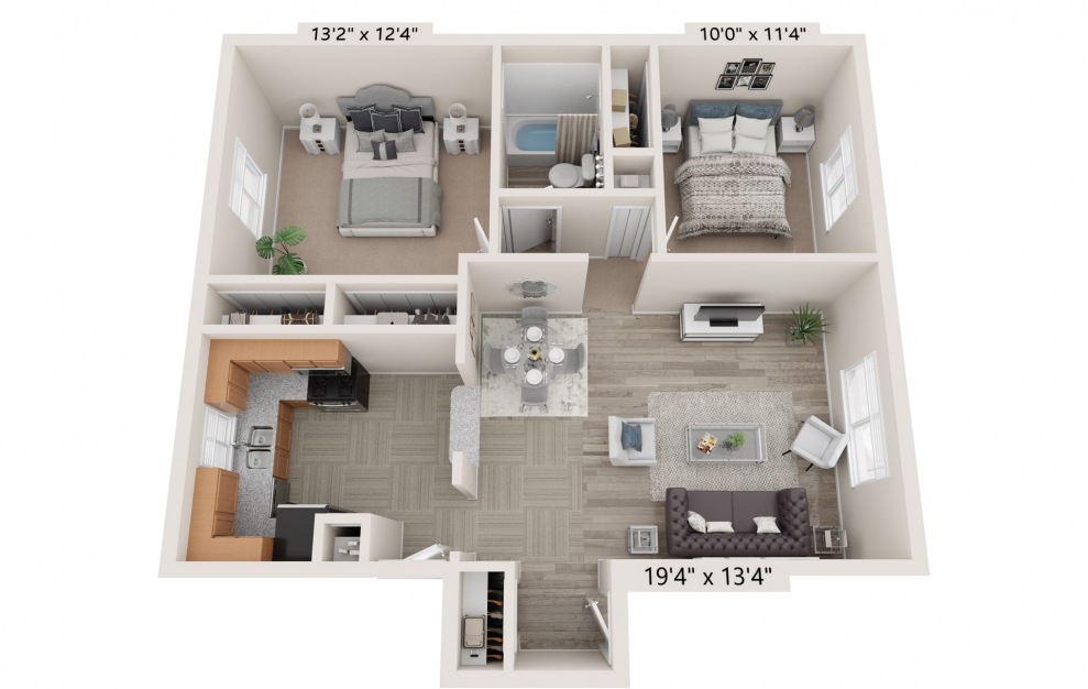The Jefferson - 2 bedroom floorplan layout with 1 bath and 865 square feet.